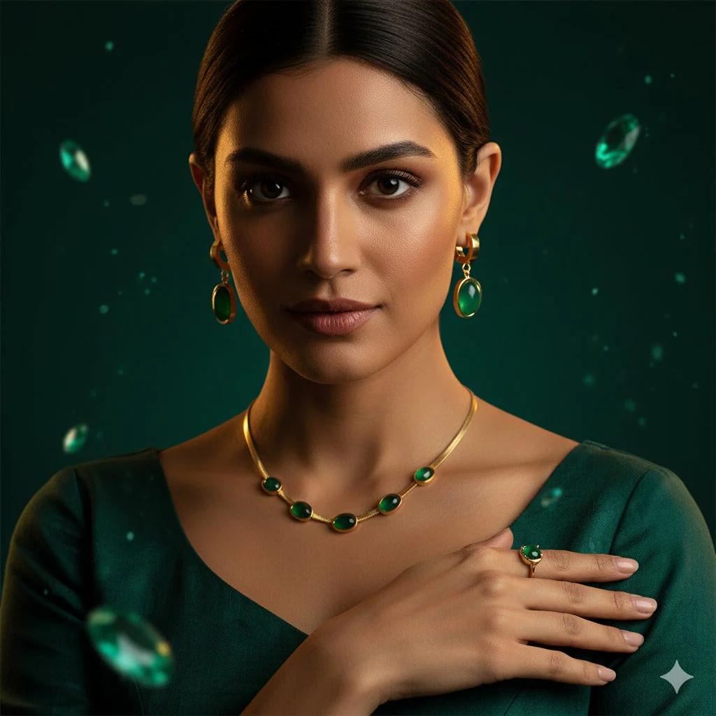 Green Crystal Pendant Necklace, Earrings & Bracelet Jewellery Set - Image 2