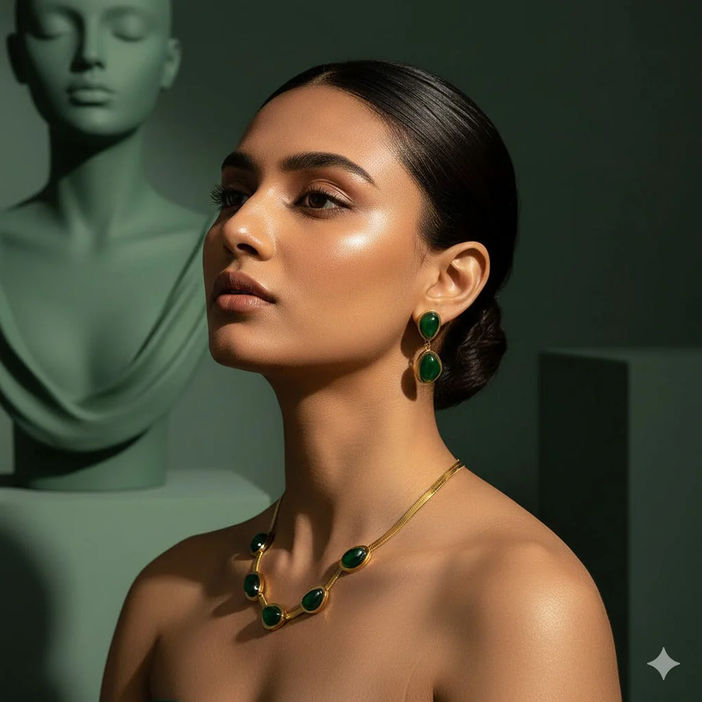 Green Crystal Pendant Necklace, Earrings & Bracelet Jewellery Set - Image 3